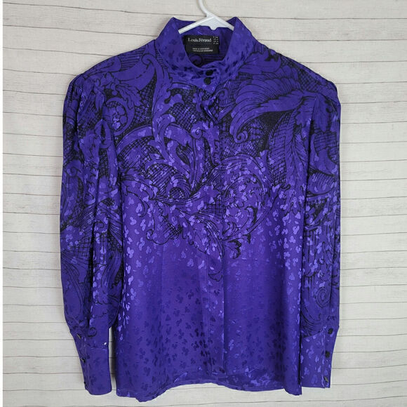 Louis Feraud Art Deco High Collar Lux Satin Button Down Blouse, sz 4 - Picture 1 of 16